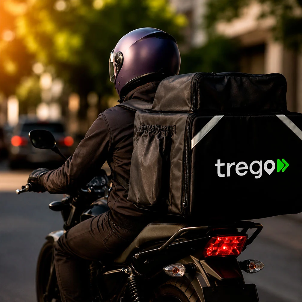 Entregador da Trego na moto, de capacete, com a bag da rede na garupa