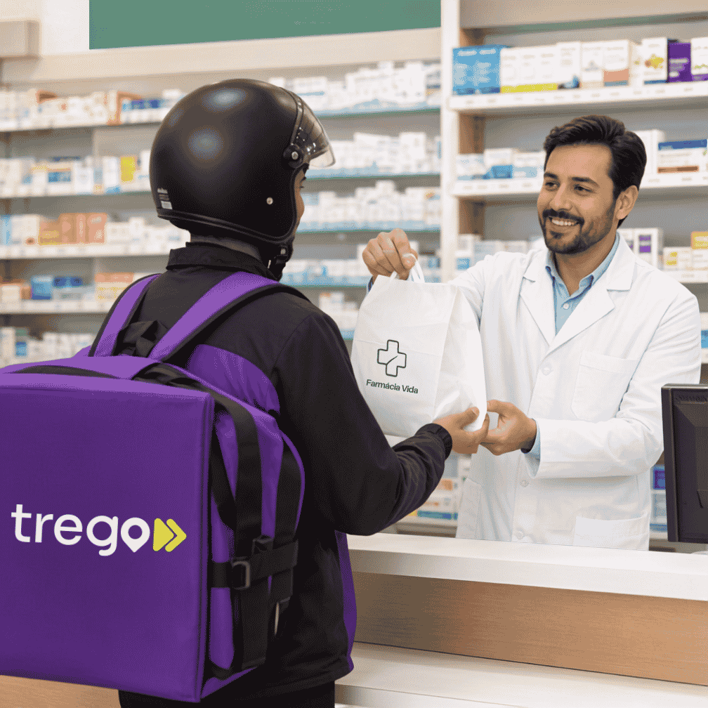 Entregador da Trego retirando a sacola de medicamentos numa farmácia de Santa Rita do Sapucaí